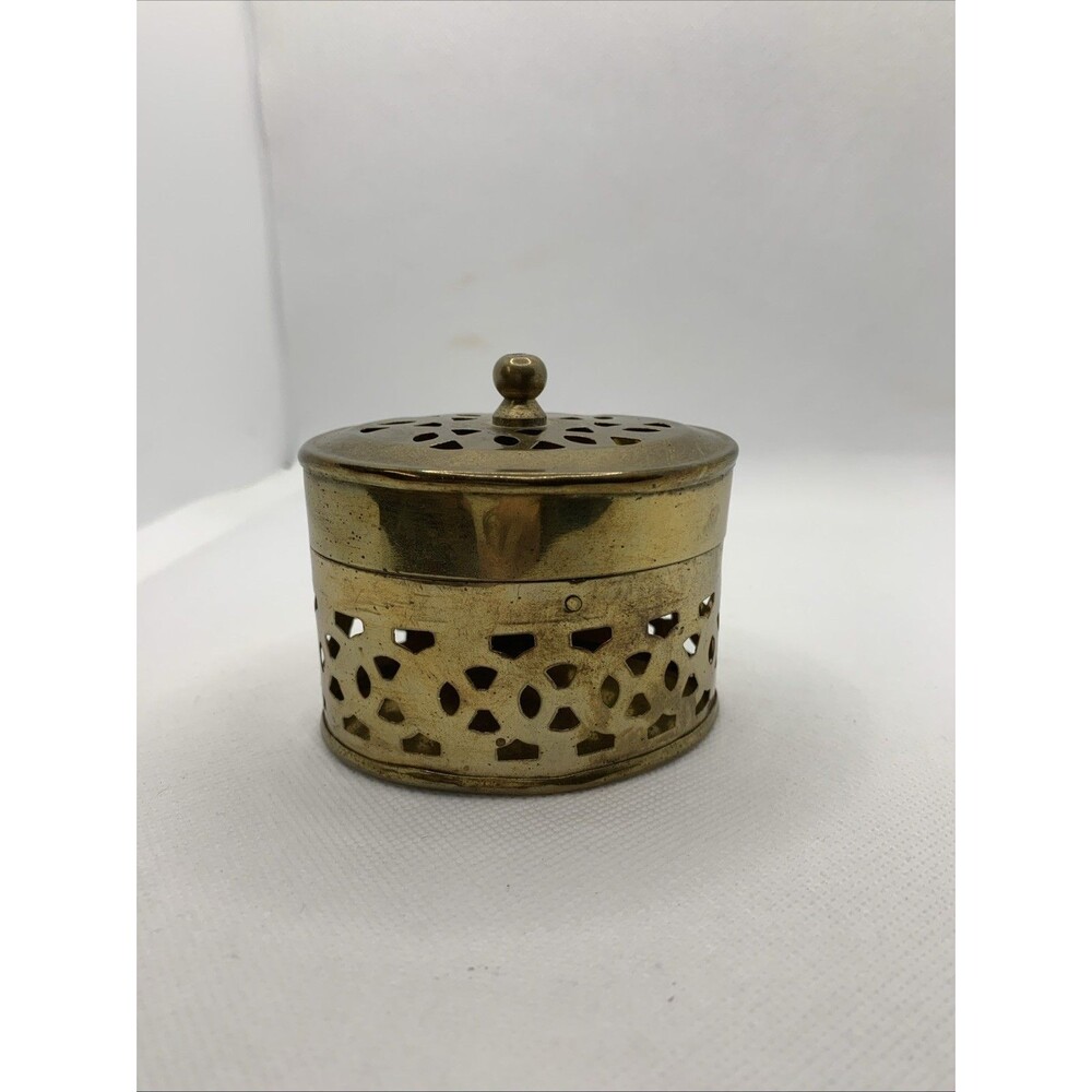 Vintage Brass Pierced Open Filigree Lid Potpourri Incense Trinket Jewelry Box